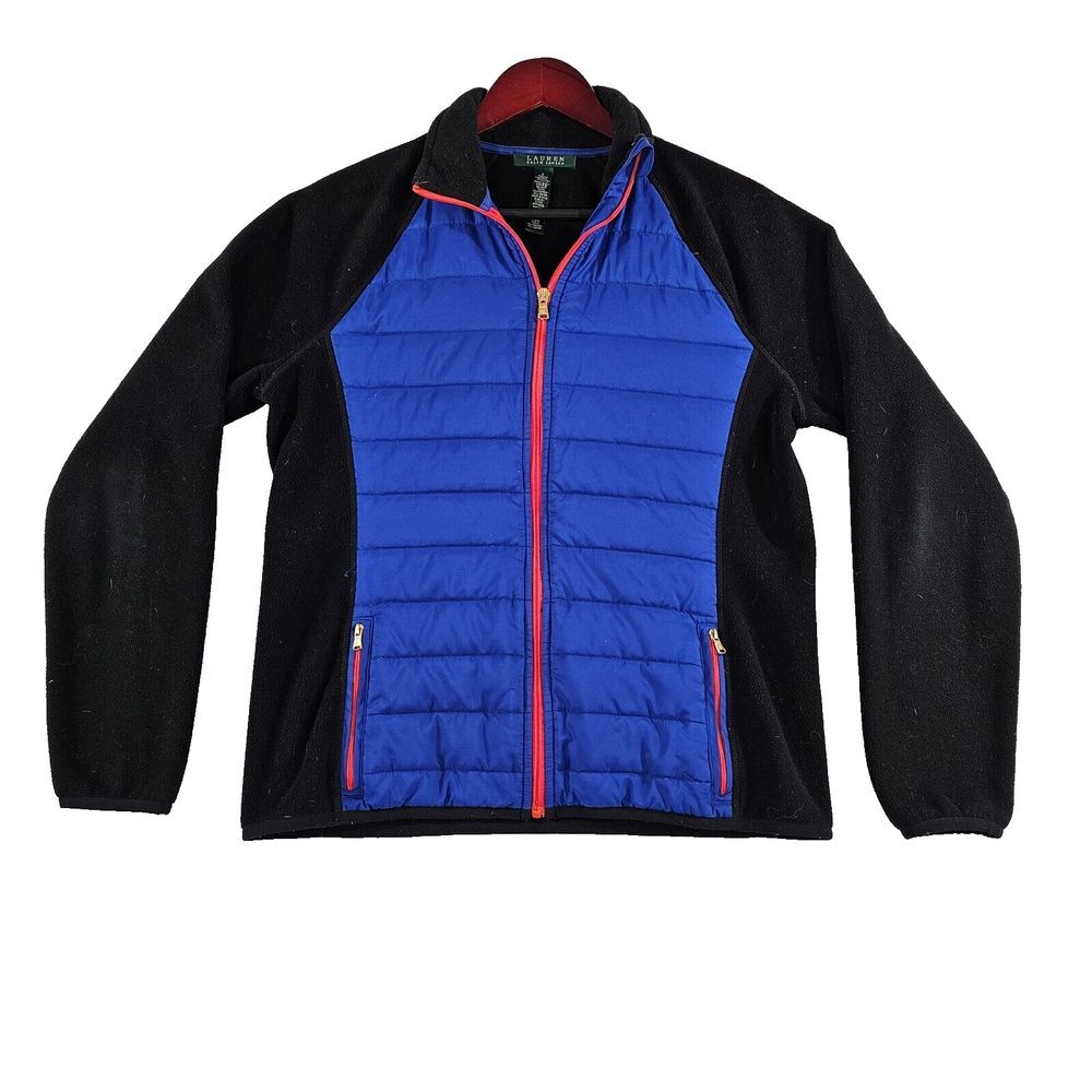 Vintage Ralph Lauren Womens Puffer Fleece Jacket Quilted Blue Black Size Large